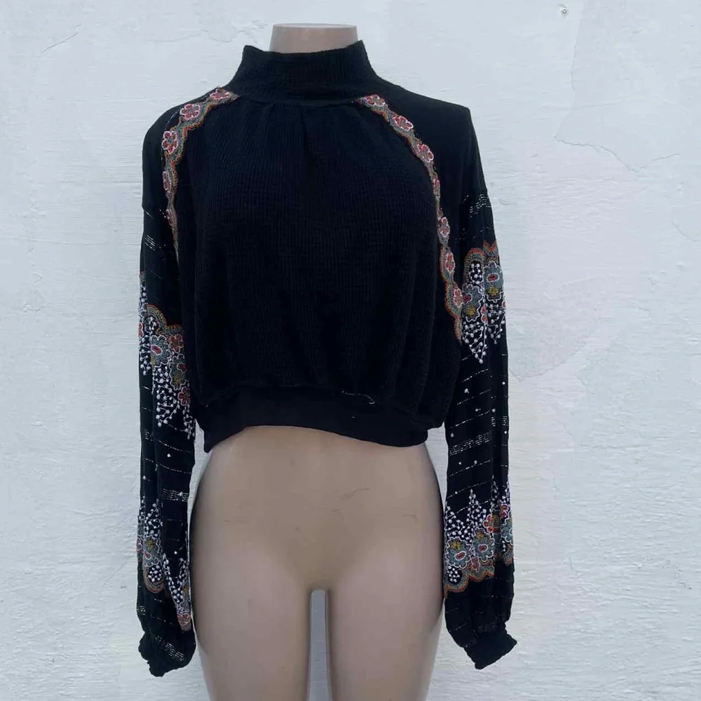 Free People Black Embroidered Blouse